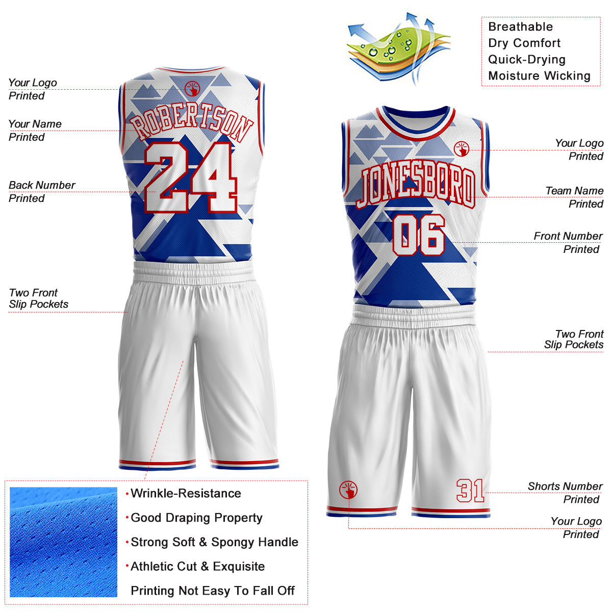 Custom White Red-Royal Triangle Shapes Geometric Round Neck Sublimation Basketball Uniform Jersey