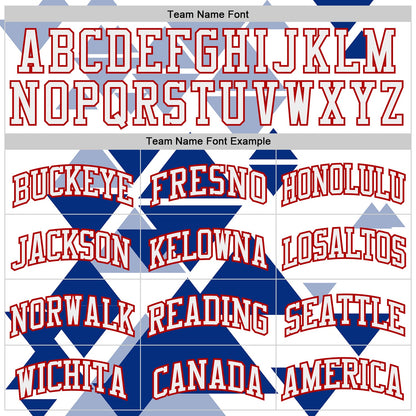 Custom White Red-Royal Triangle Shapes Geometric Round Neck Sublimation Basketball Uniform Jersey