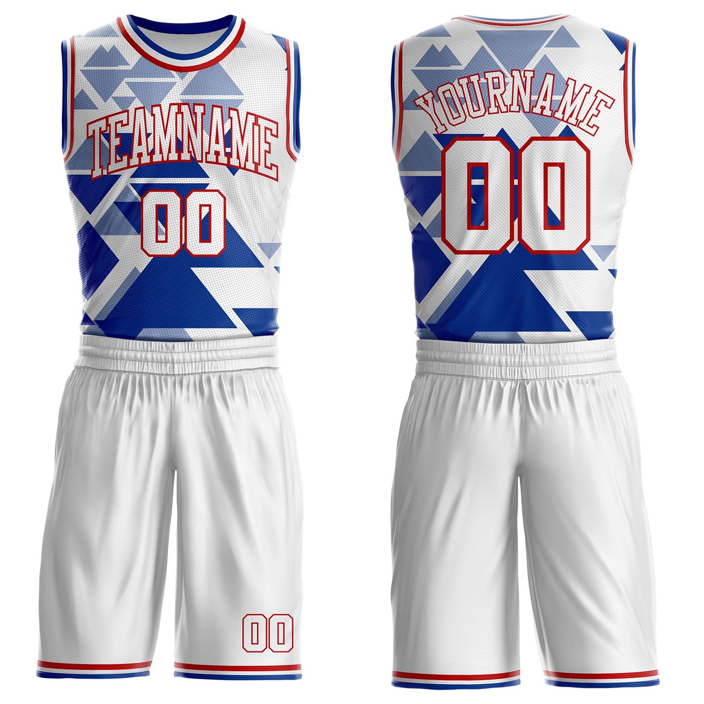 Custom White Red-Royal Triangle Shapes Geometric Round Neck Sublimation Basketball Uniform Jersey