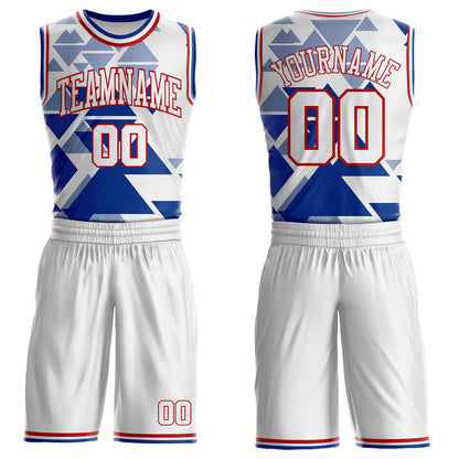 Custom White Red-Royal Triangle Shapes Geometric Round Neck Sublimation Basketball Uniform Jersey