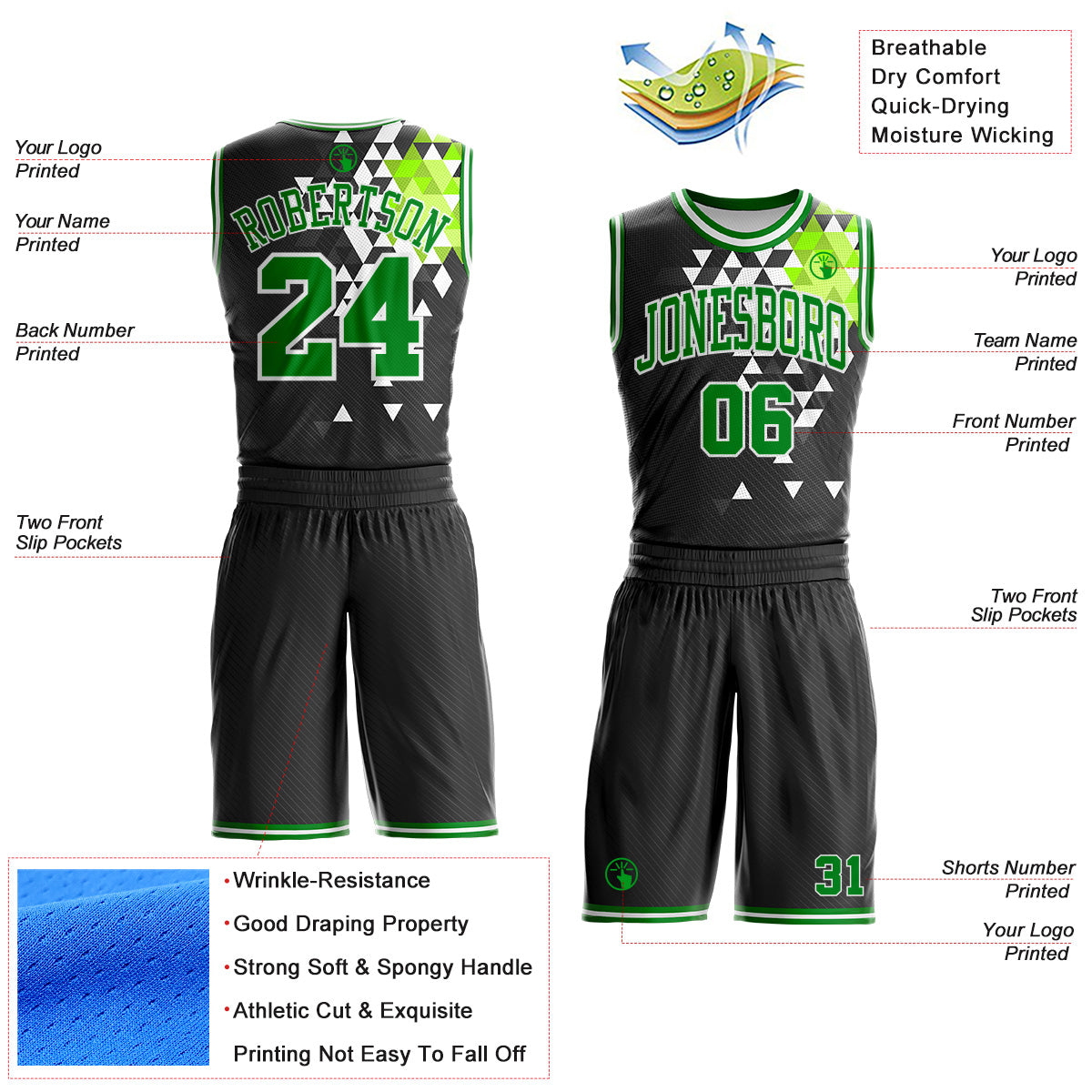 Custom Black Grass Green-White Diamond Shapes Geometric Round Neck Sublimation Basketball Uniform Jersey