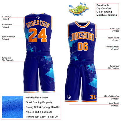 Custom Blue Bay Orange-White Geometric Tech Round Neck Sublimation Basketball Uniform Jersey
