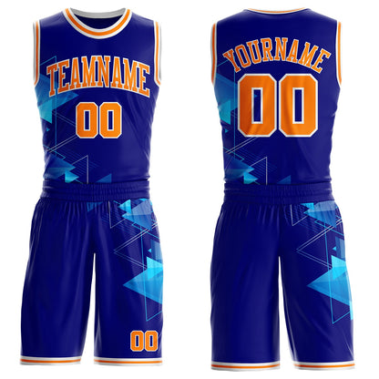 Custom Blue Bay Orange-White Geometric Tech Round Neck Sublimation Basketball Uniform Jersey