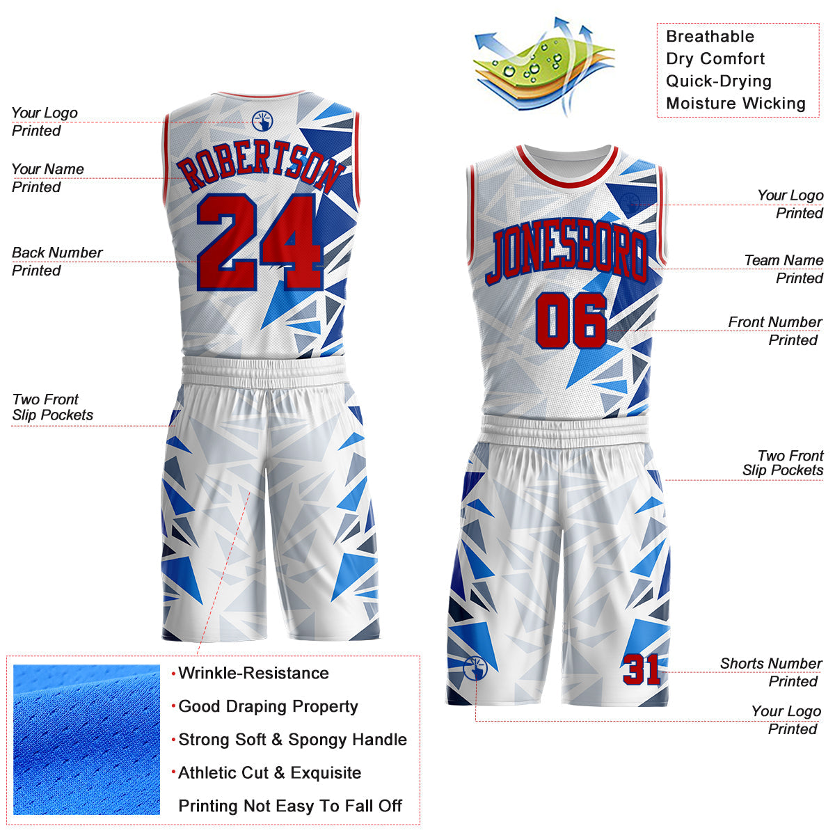 Custom White Red-Royal Triangle Shapes Gradient Round Neck Sublimation Basketball Uniform Jersey