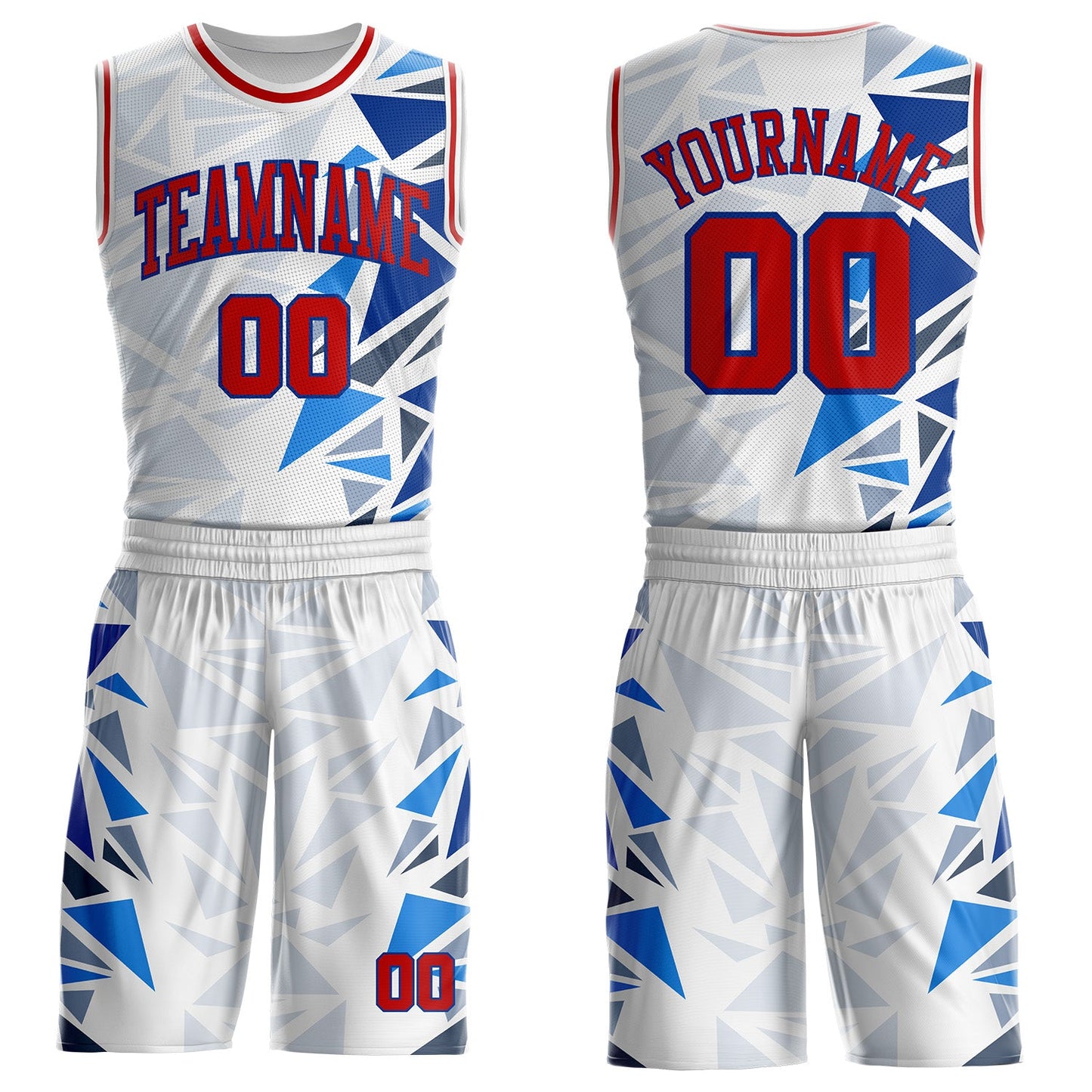 Custom White Red-Royal Triangle Shapes Gradient Round Neck Sublimation Basketball Uniform Jersey
