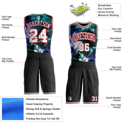 Custom Black White-Red Crystal Geometric Round Neck Sublimation Basketball Uniform Jersey
