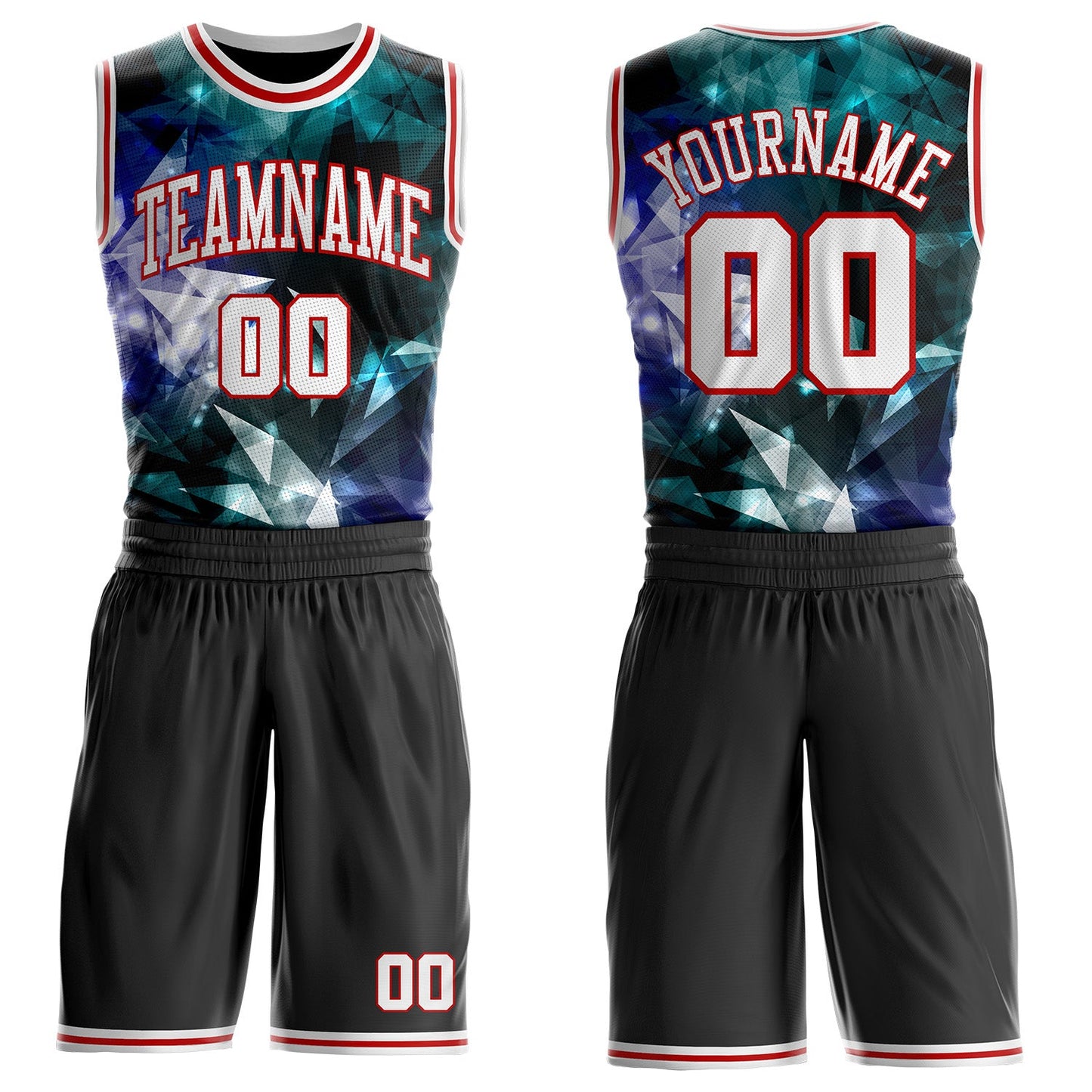 Custom Black White-Red Crystal Geometric Round Neck Sublimation Basketball Uniform Jersey