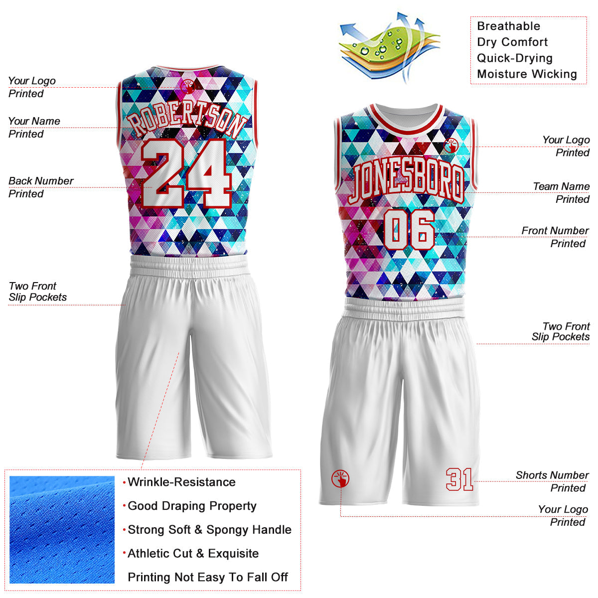 Custom White-Red Diamond Shapes Geometric Round Neck Sublimation Basketball Uniform Jersey
