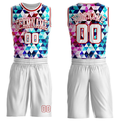 Custom White-Red Diamond Shapes Geometric Round Neck Sublimation Basketball Uniform Jersey