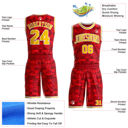 Custom Red Yellow-White Diamond Shapes Geometric Round Neck Sublimation Basketball Uniform Jersey