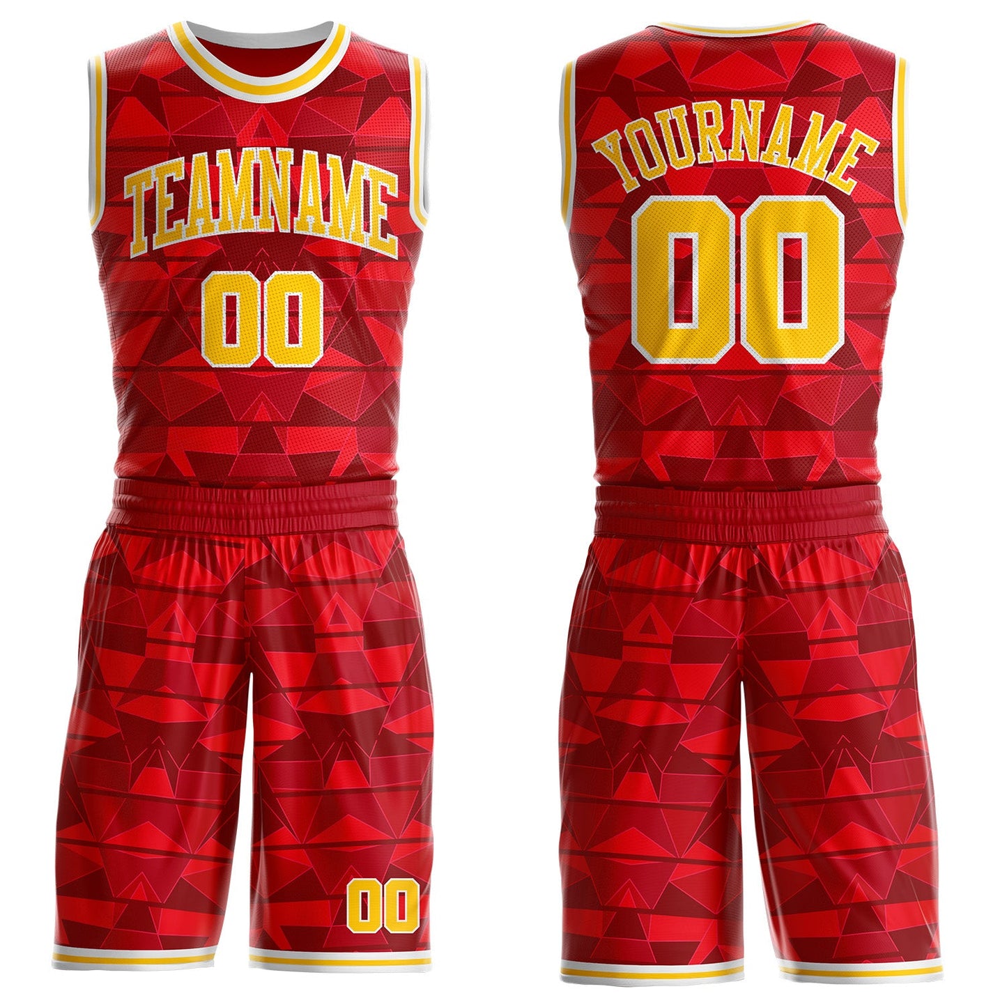Custom Red Yellow-White Diamond Shapes Geometric Round Neck Sublimation Basketball Uniform Jersey