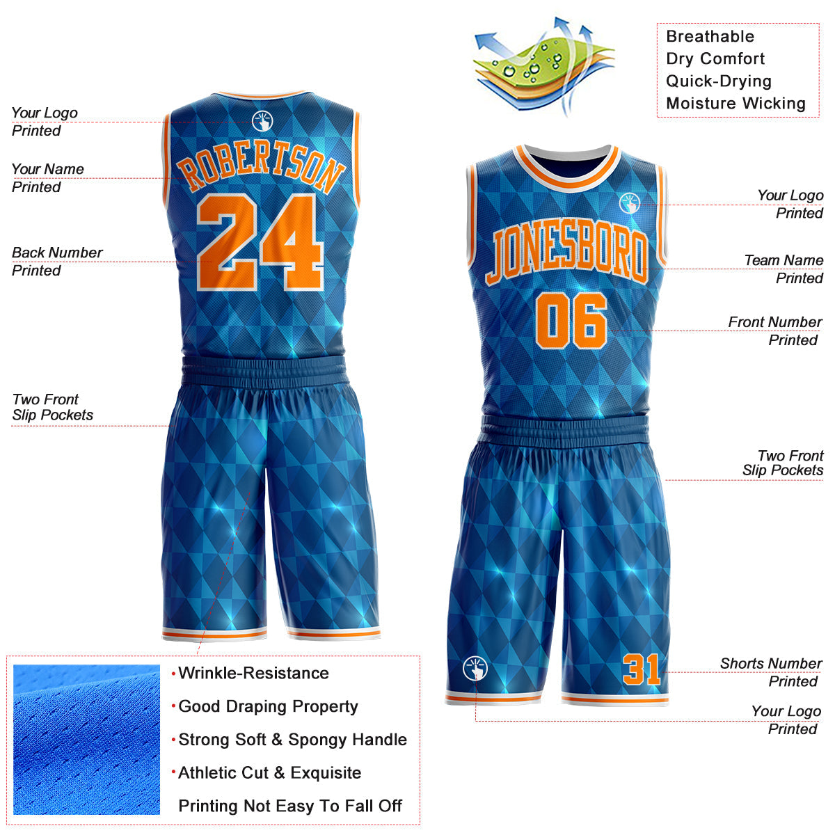 Custom Blue Bay Orange-White Diamond Shapes Geometric Round Neck Sublimation Basketball Uniform Jersey