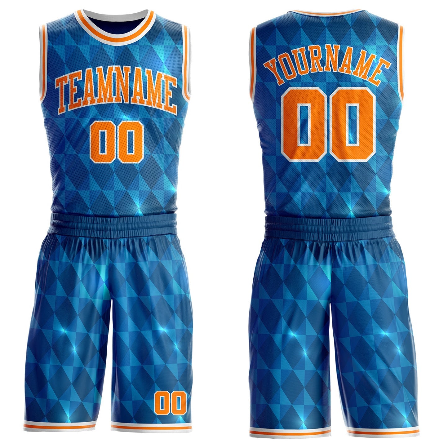 Custom Blue Bay Orange-White Diamond Shapes Geometric Round Neck Sublimation Basketball Uniform Jersey