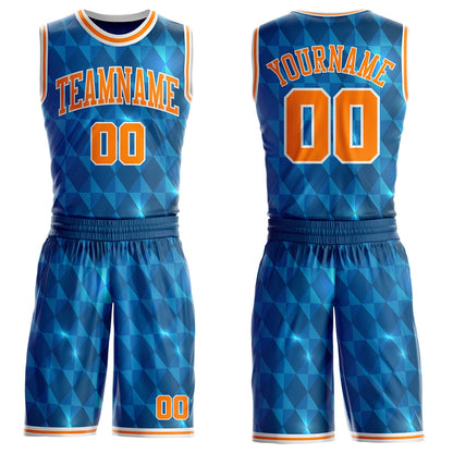 Custom Blue Bay Orange-White Diamond Shapes Geometric Round Neck Sublimation Basketball Uniform Jersey