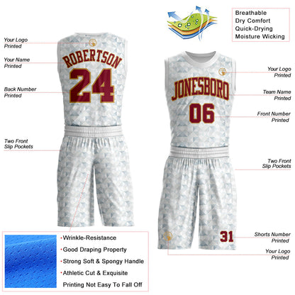 Custom White Crimson-Old Gold Diamond Shapes Geometric Round Neck Sublimation Basketball Uniform Jersey