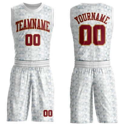 Custom White Crimson-Old Gold Diamond Shapes Geometric Round Neck Sublimation Basketball Uniform Jersey