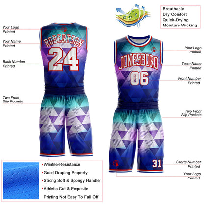 Custom Purple White Red-Royal Diamond Shapes Geometric Gradient Round Neck Sublimation Basketball Uniform Jersey