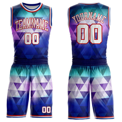 Custom Purple White Red-Royal Diamond Shapes Geometric Gradient Round Neck Sublimation Basketball Uniform Jersey