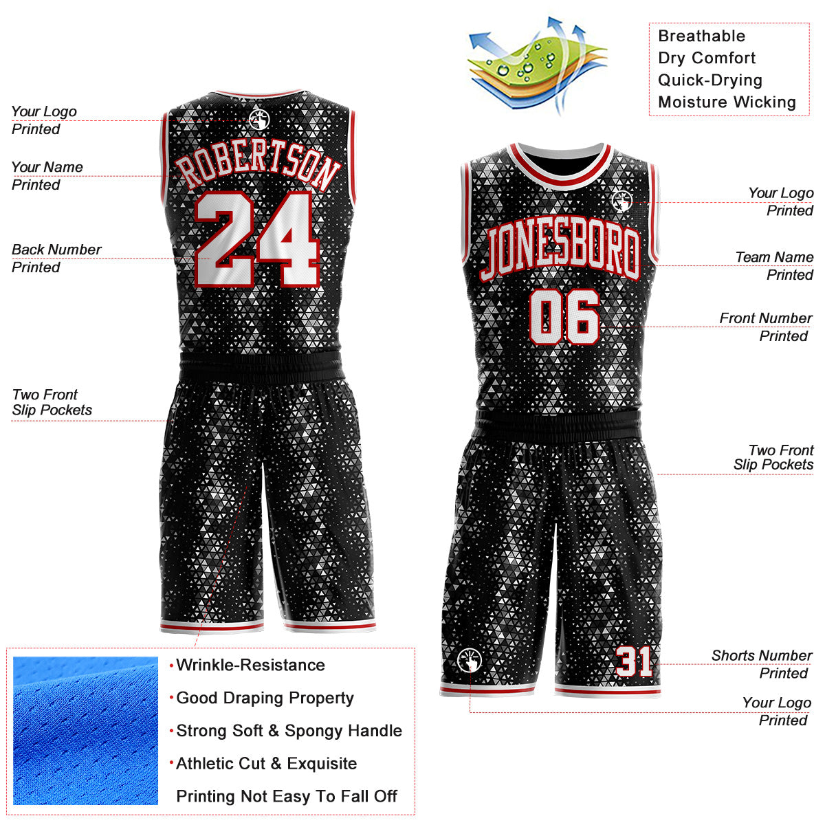 Custom Black White-Red Diamond Shapes Geometric Round Neck Sublimation Basketball Uniform Jersey