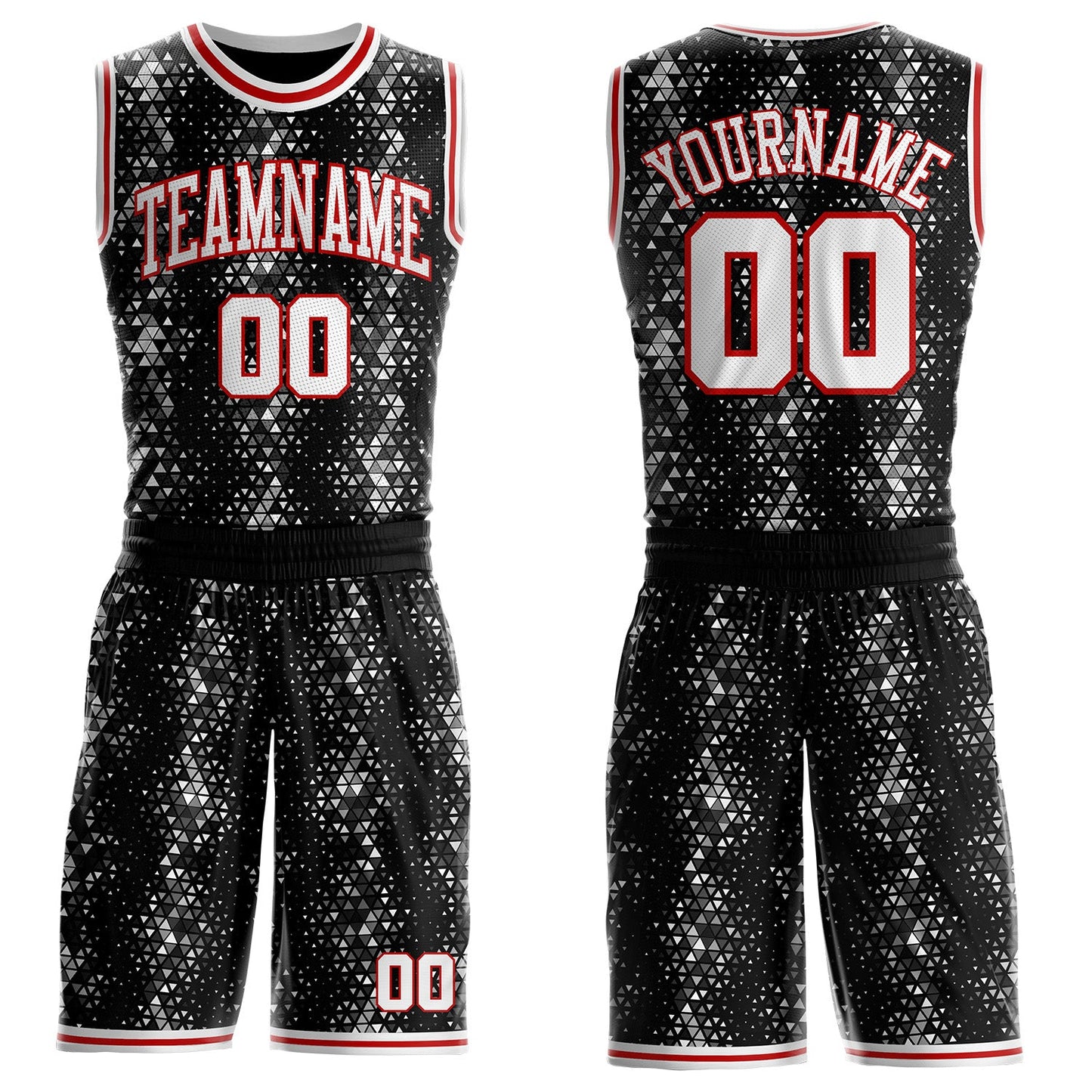 Custom Black White-Red Diamond Shapes Geometric Round Neck Sublimation Basketball Uniform Jersey