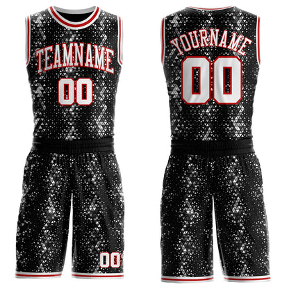 Custom Black White-Red Diamond Shapes Geometric Round Neck Sublimation Basketball Uniform Jersey