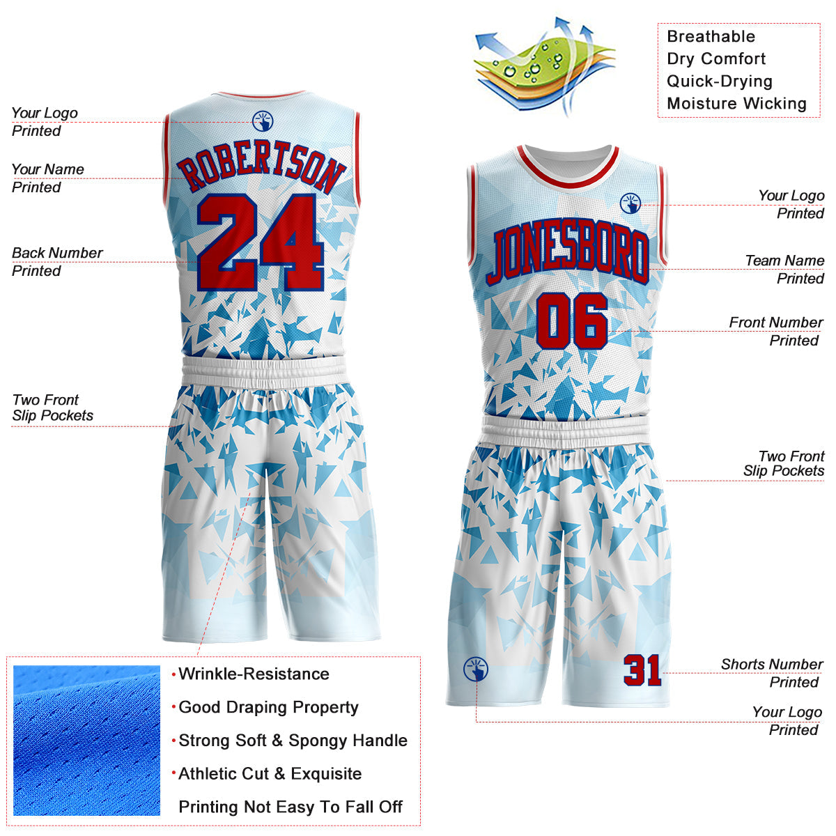 Custom White Red-Royal Triangle Shattered Geometric Round Neck Sublimation Basketball Uniform Jersey