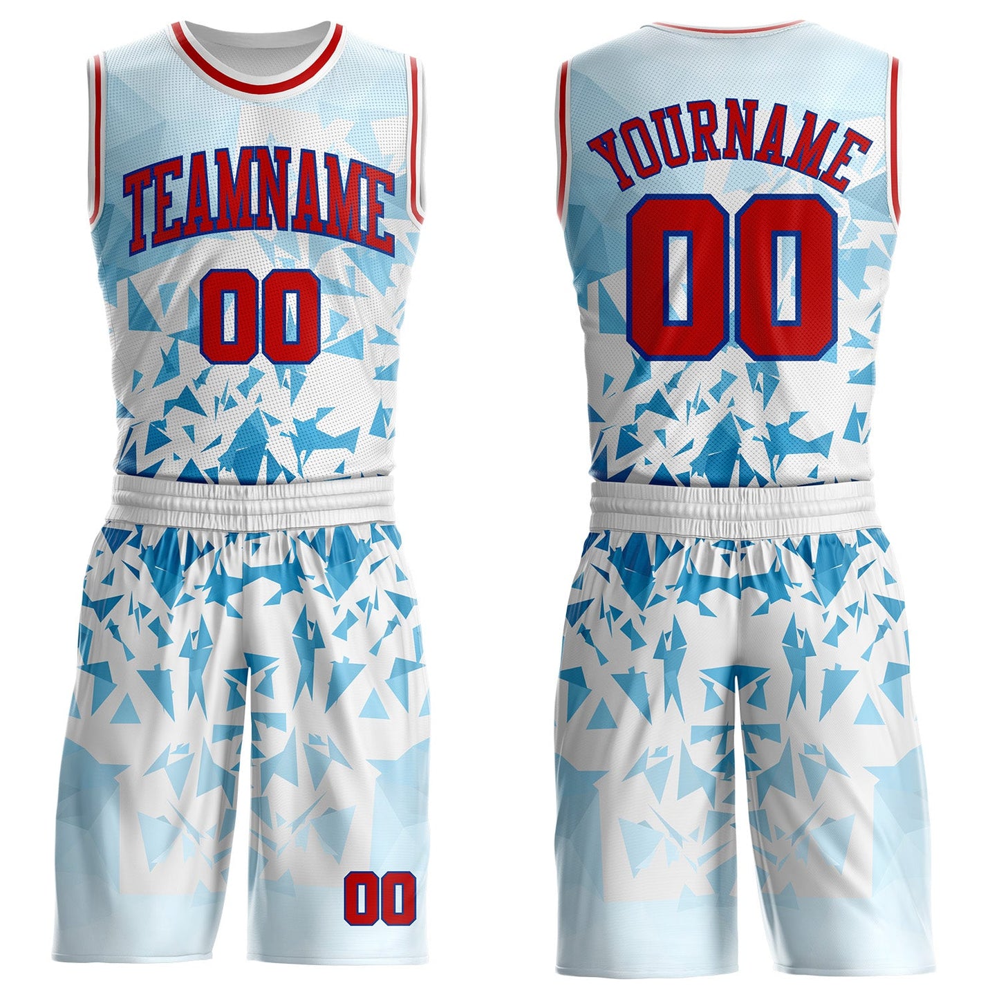 Custom White Red-Royal Triangle Shattered Geometric Round Neck Sublimation Basketball Uniform Jersey