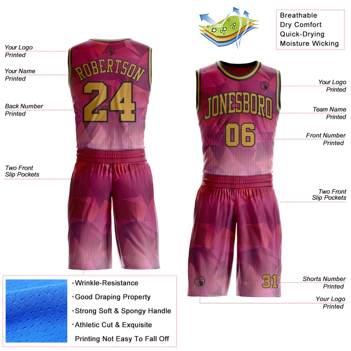 Custom Red Old Gold-Black Diamond Shapes Geometric Round Neck Sublimation Basketball Uniform Jersey