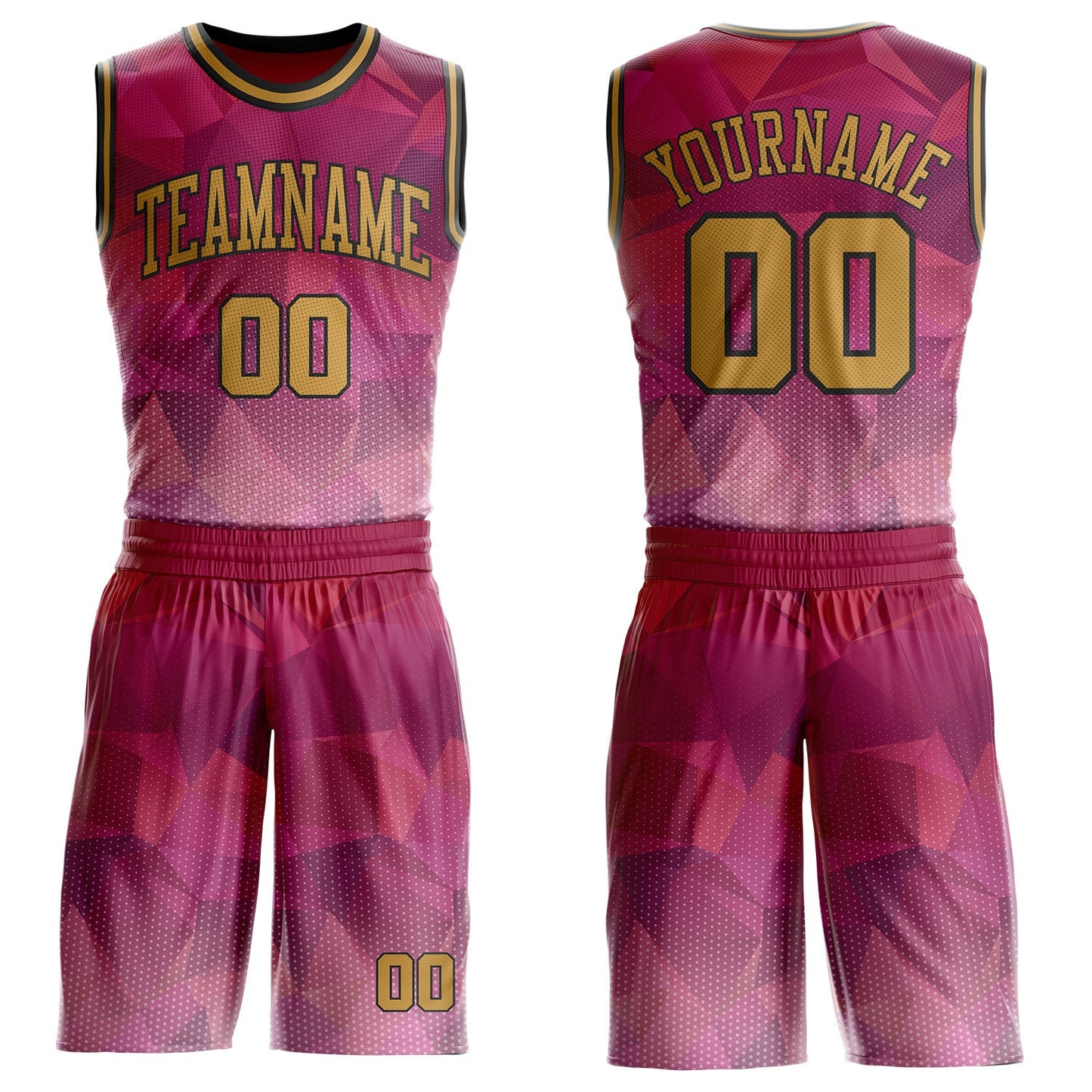 Custom Red Old Gold-Black Diamond Shapes Geometric Round Neck Sublimation Basketball Uniform Jersey