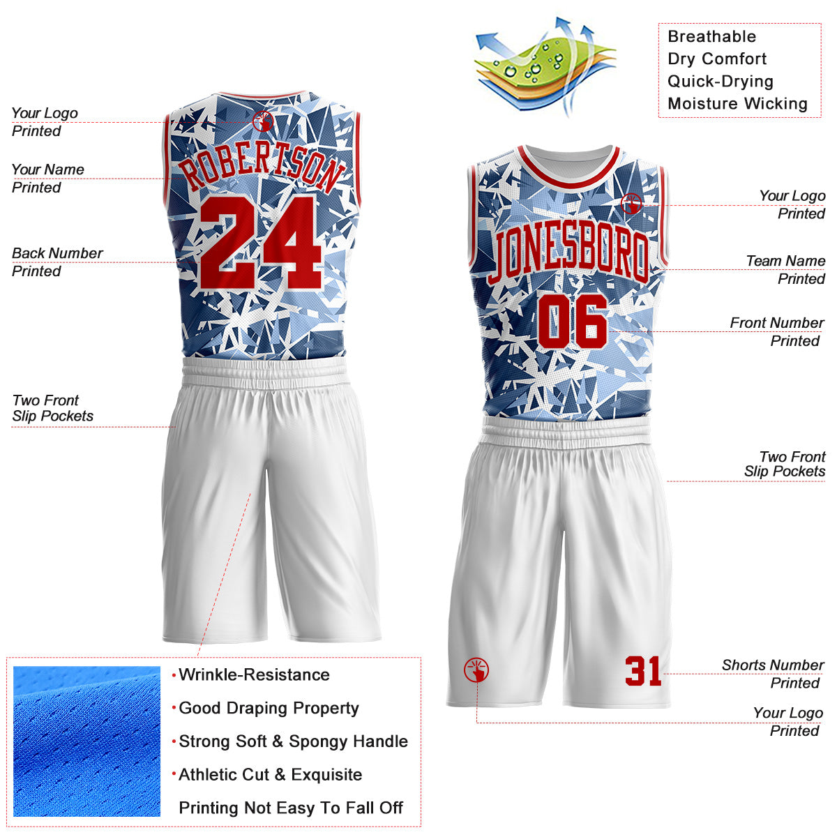 Custom White Red-Blue Triangle Shattered Geometric Round Neck Sublimation Basketball Uniform Jersey