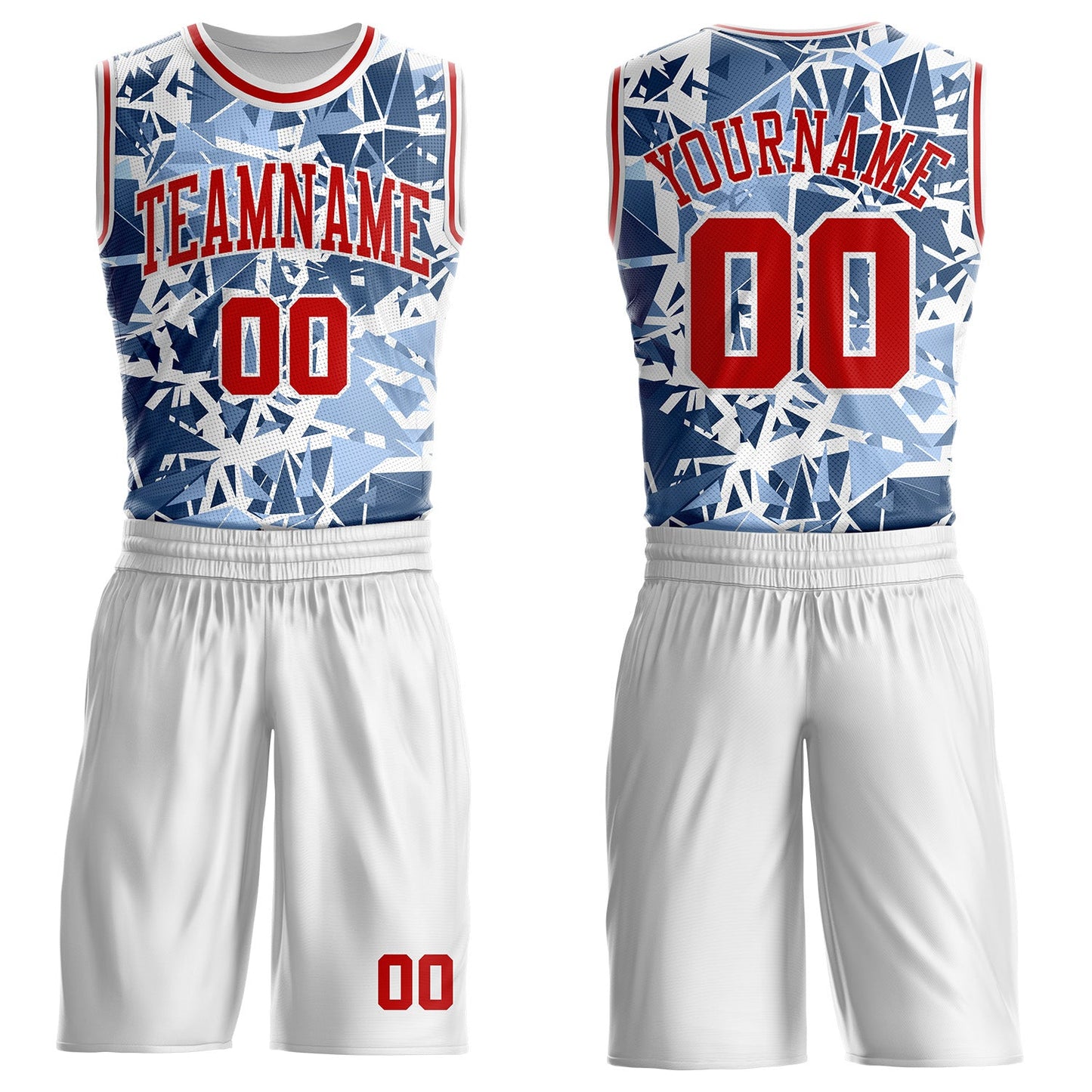 Custom White Red-Blue Triangle Shattered Geometric Round Neck Sublimation Basketball Uniform Jersey