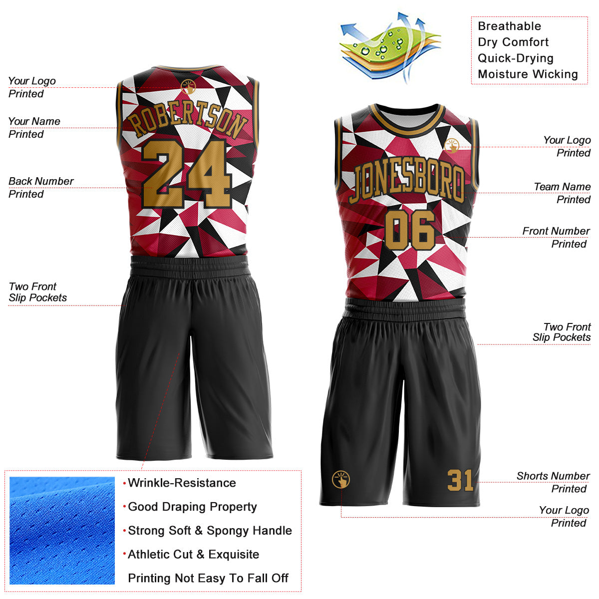 Custom Black Old Gold-Red Triangle Shapes Geometric Round Neck Sublimation Basketball Uniform Jersey