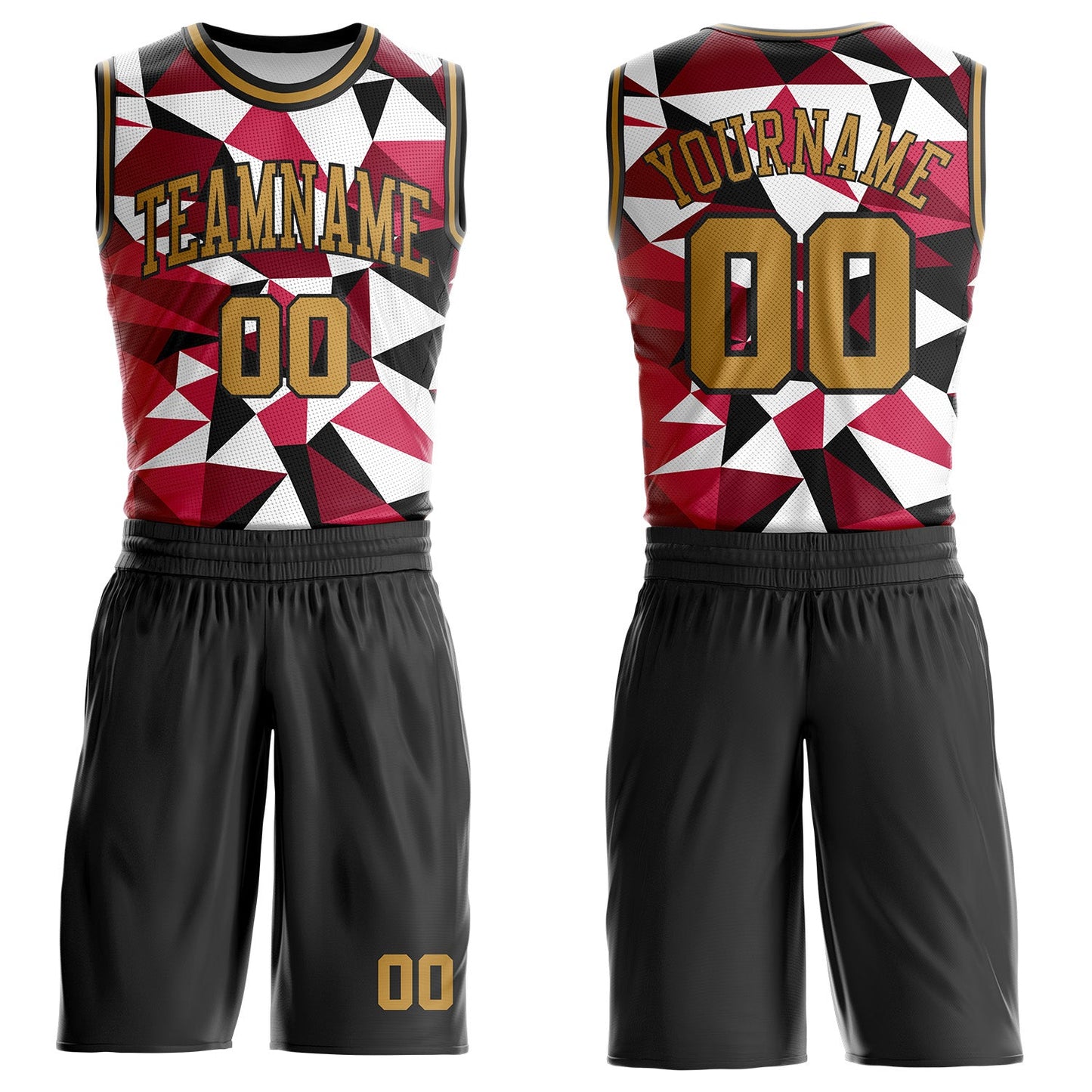 Custom Black Old Gold-Red Triangle Shapes Geometric Round Neck Sublimation Basketball Uniform Jersey