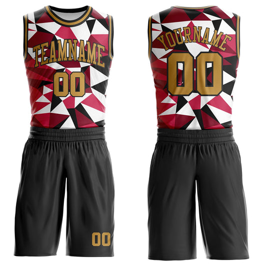 Custom Black Old Gold-Red Triangle Shapes Geometric Round Neck Sublimation Basketball Uniform Jersey