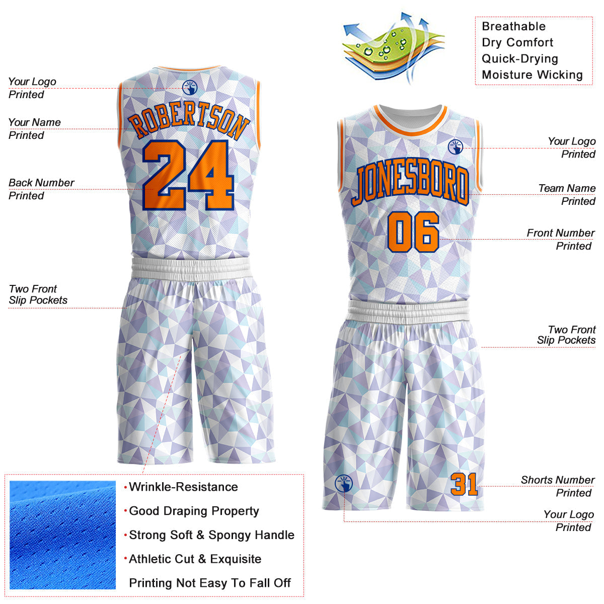 Custom White Bay Orange-Royal Diamond Shapes Geometric Round Neck Sublimation Basketball Uniform Jersey