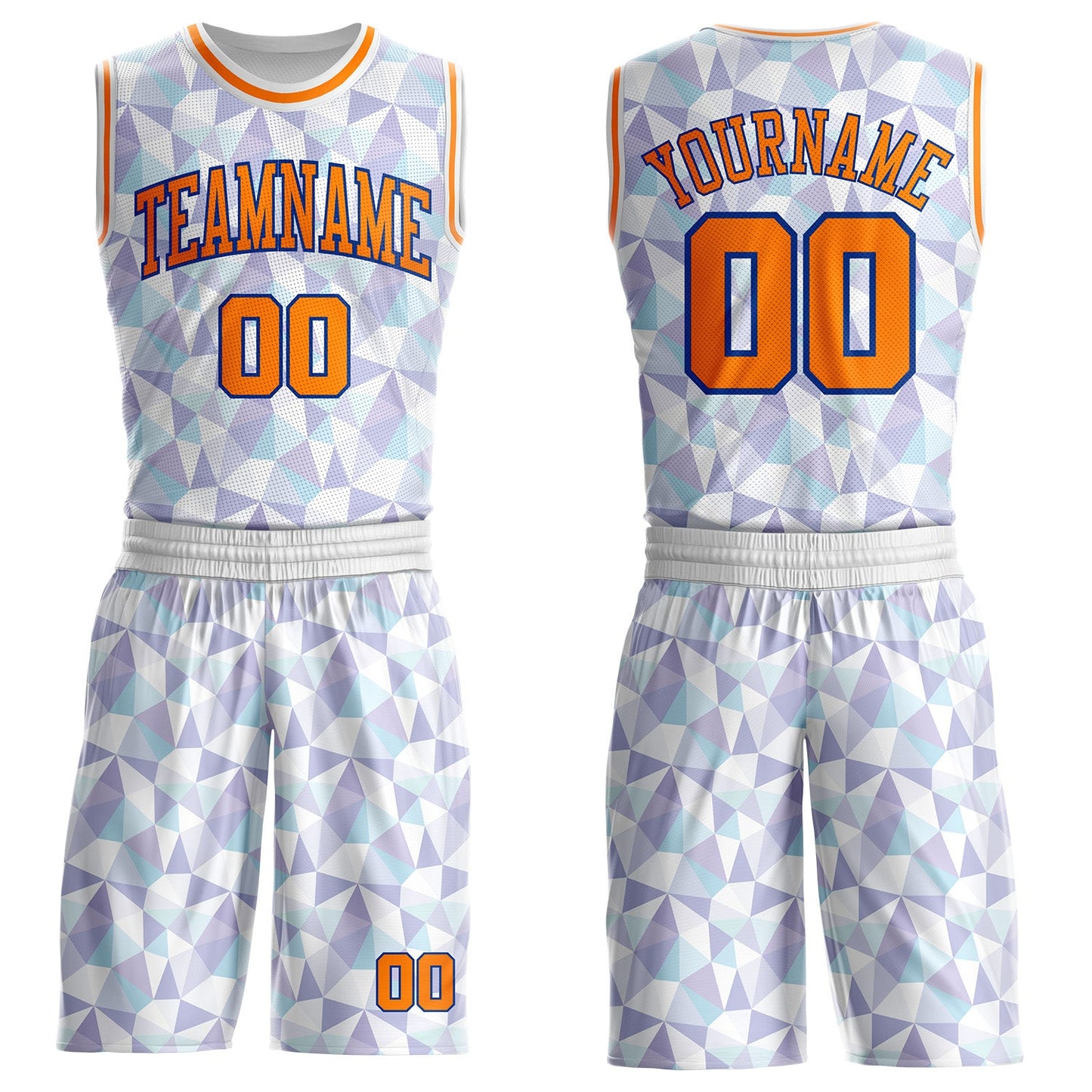 Custom White Bay Orange-Royal Diamond Shapes Geometric Round Neck Sublimation Basketball Uniform Jersey