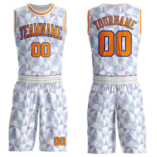 Custom White Bay Orange-Royal Diamond Shapes Geometric Round Neck Sublimation Basketball Uniform Jersey
