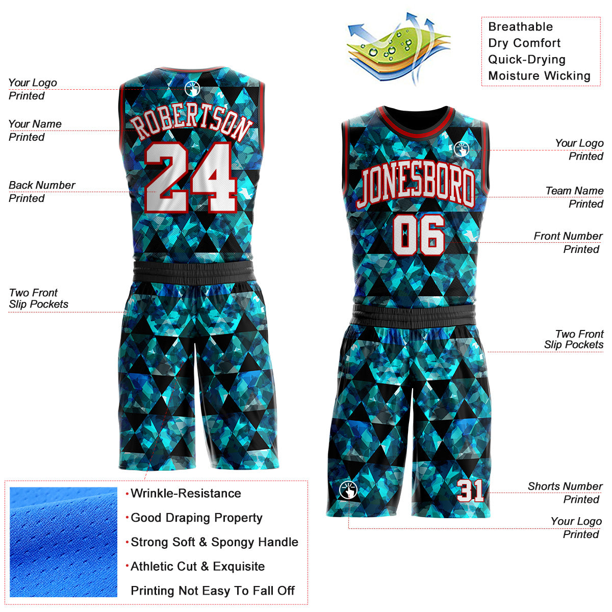 Custom Black White Blue-Red Diamond Geometric Round Neck Sublimation Basketball Uniform Jersey