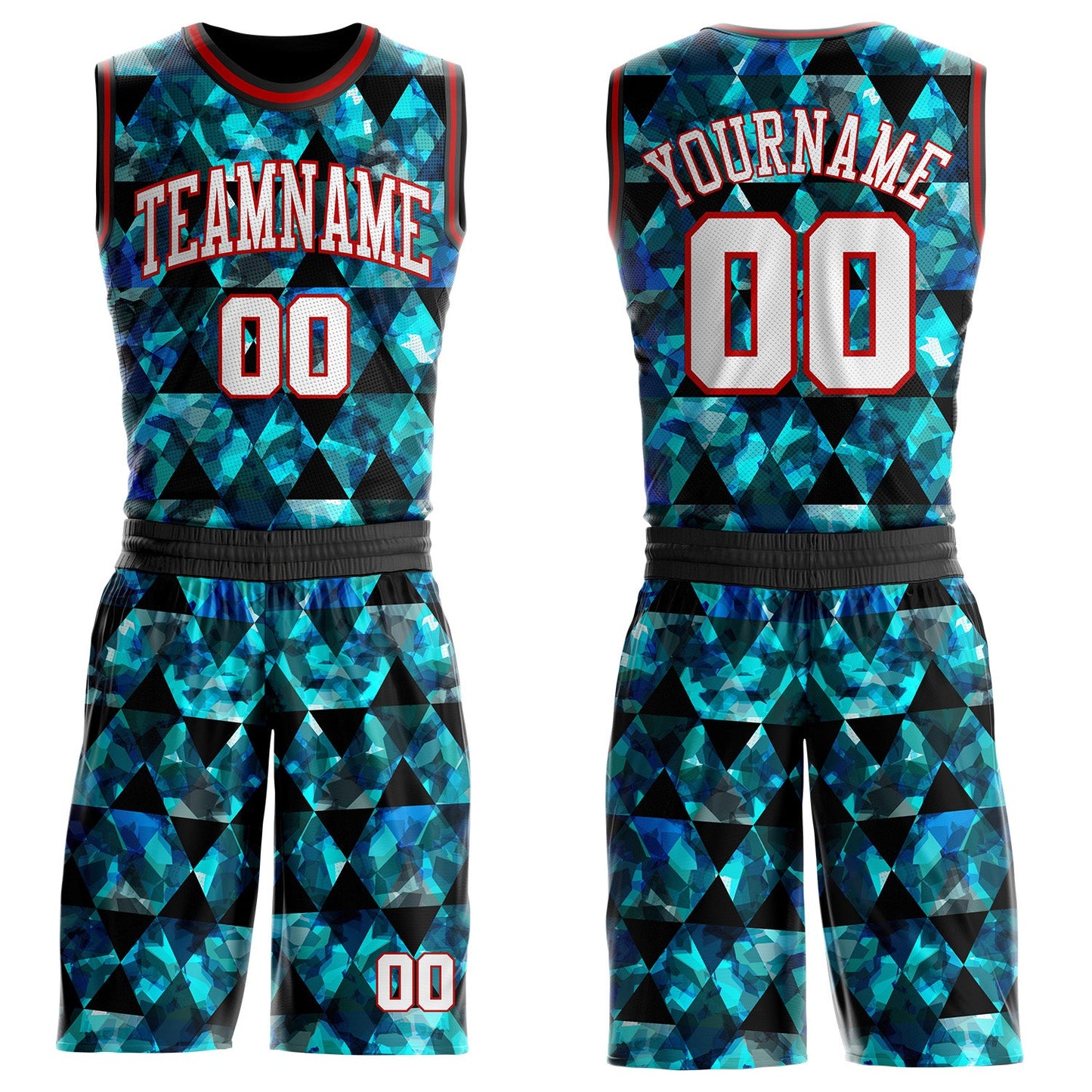 Custom Black White Blue-Red Diamond Geometric Round Neck Sublimation Basketball Uniform Jersey