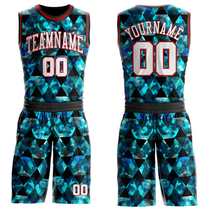 Custom Black White Blue-Red Diamond Geometric Round Neck Sublimation Basketball Uniform Jersey