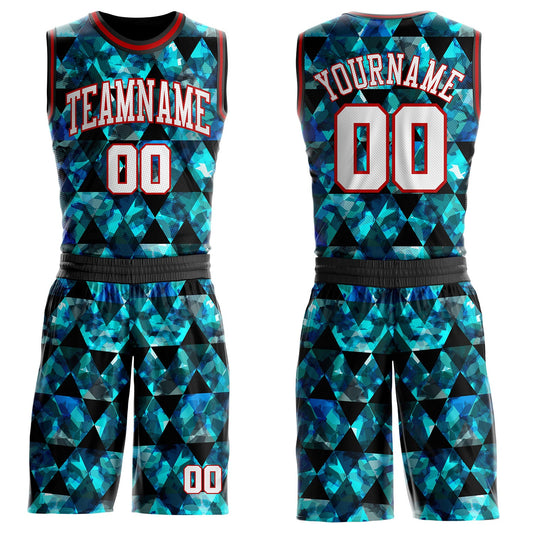 Custom Black White Blue-Red Diamond Geometric Round Neck Sublimation Basketball Uniform Jersey