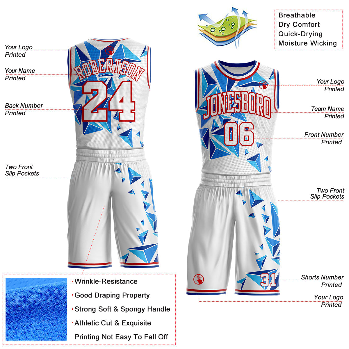 Custom White Red-Royal Crystal Geometric Round Neck Sublimation Basketball Uniform Jersey