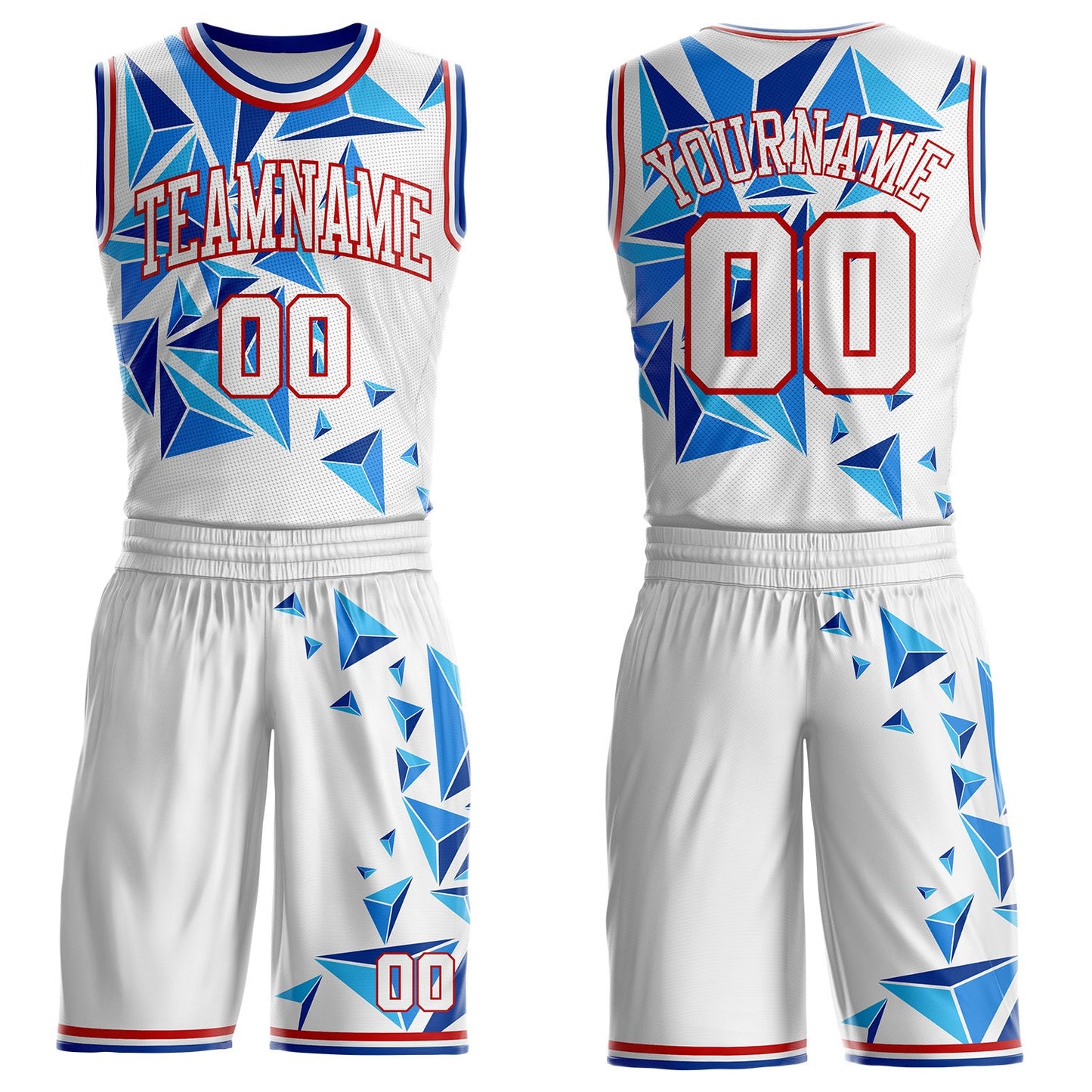 Custom White Red-Royal Crystal Geometric Round Neck Sublimation Basketball Uniform Jersey