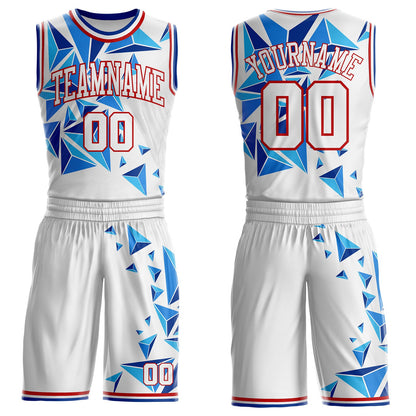 Custom White Red-Royal Crystal Geometric Round Neck Sublimation Basketball Uniform Jersey