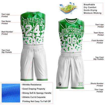 Custom White-Grass Green Triangle Shapes Geometric Round Neck Sublimation Basketball Uniform Jersey