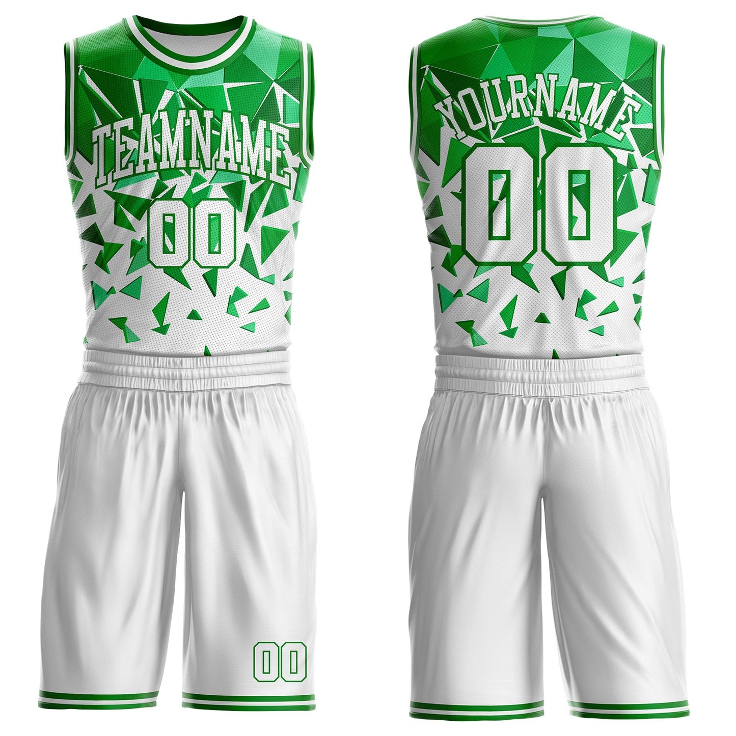 Custom White-Grass Green Triangle Shapes Geometric Round Neck Sublimation Basketball Uniform Jersey