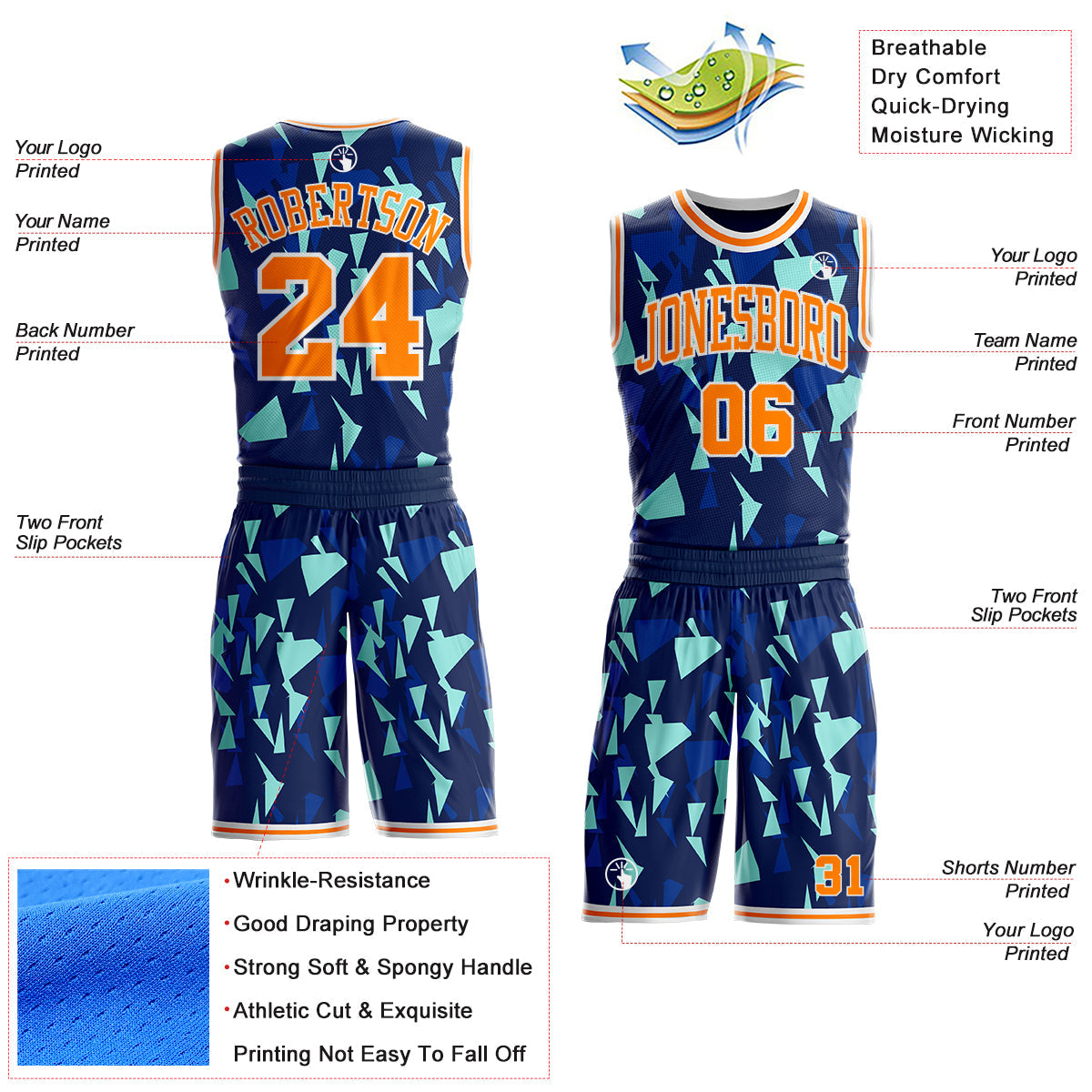Custom Blue Bay Orange-White Triangle Shattered Geometric Round Neck Sublimation Basketball Uniform Jersey