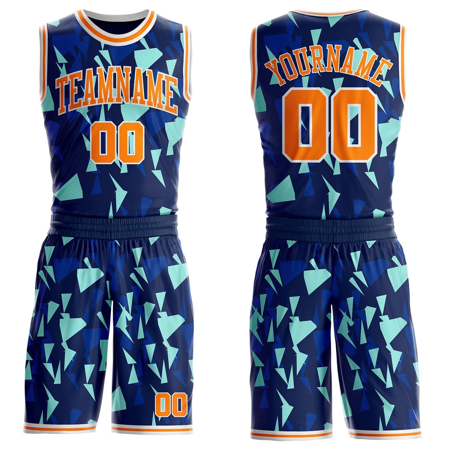Custom Blue Bay Orange-White Triangle Shattered Geometric Round Neck Sublimation Basketball Uniform Jersey
