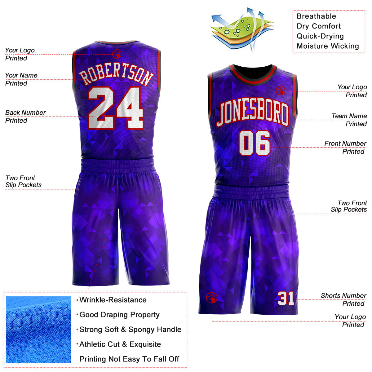 Custom Purple White Red-Black Diamond Shapes Gradient Round Neck Sublimation Basketball Uniform Jersey