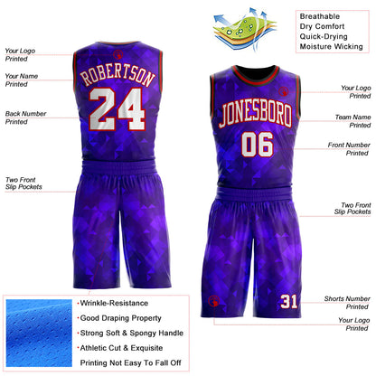 Custom Purple White Red-Black Diamond Shapes Gradient Round Neck Sublimation Basketball Uniform Jersey